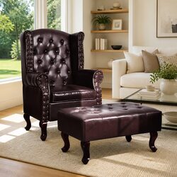 Brown Chesterfield Style Armchair and Footstool Set