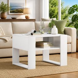 Rectangular White Coffee Table with Built-In Shelf
