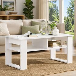 White Engineered Wood Coffee Table with Shelves 96x54x44cm