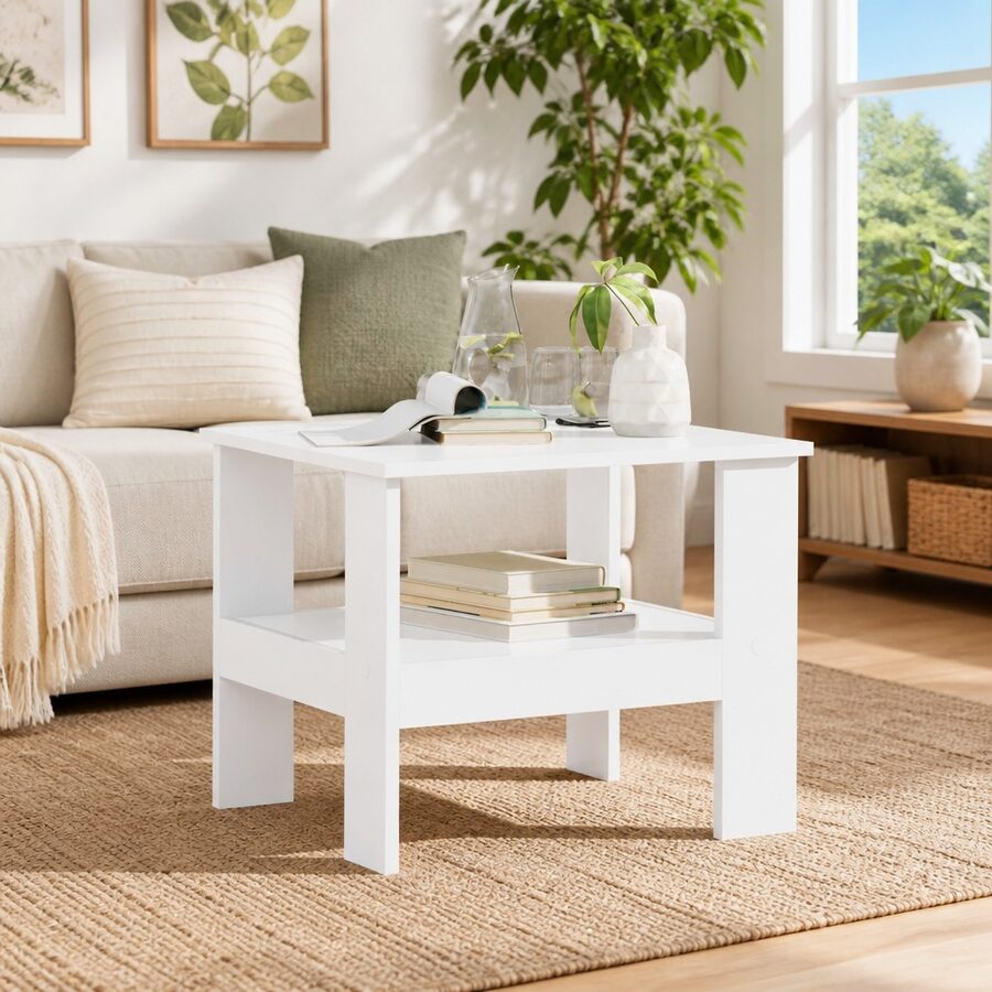 Coffee Table with Storage Shelves, White, 57x55x45cm