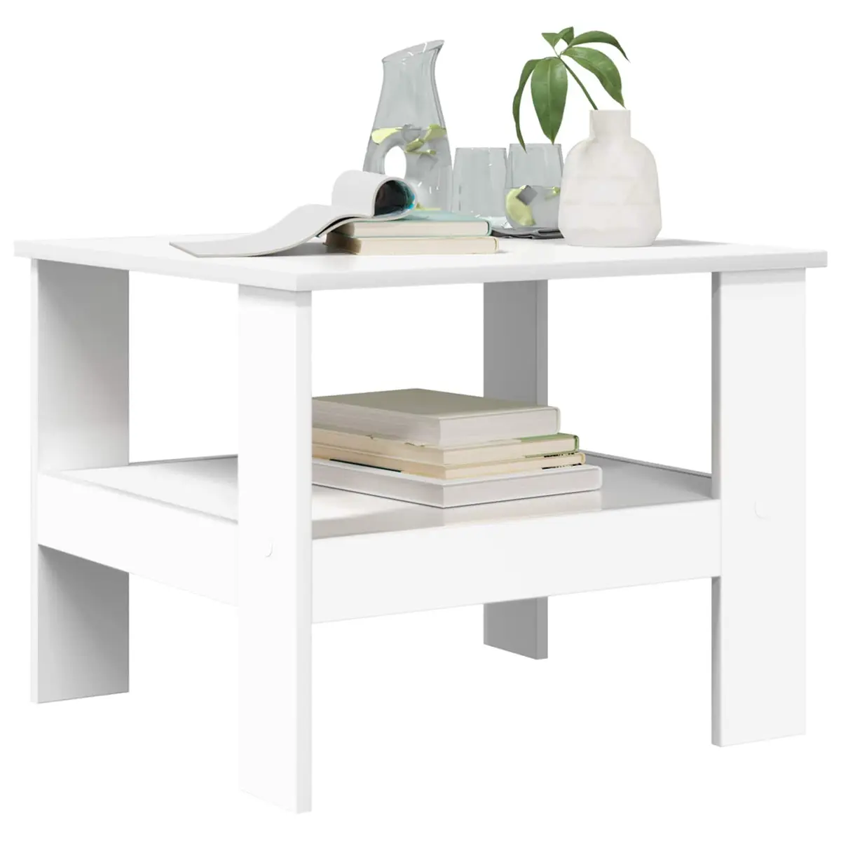 Coffee Table Modern White with Storage Shelves 57x55x45cm