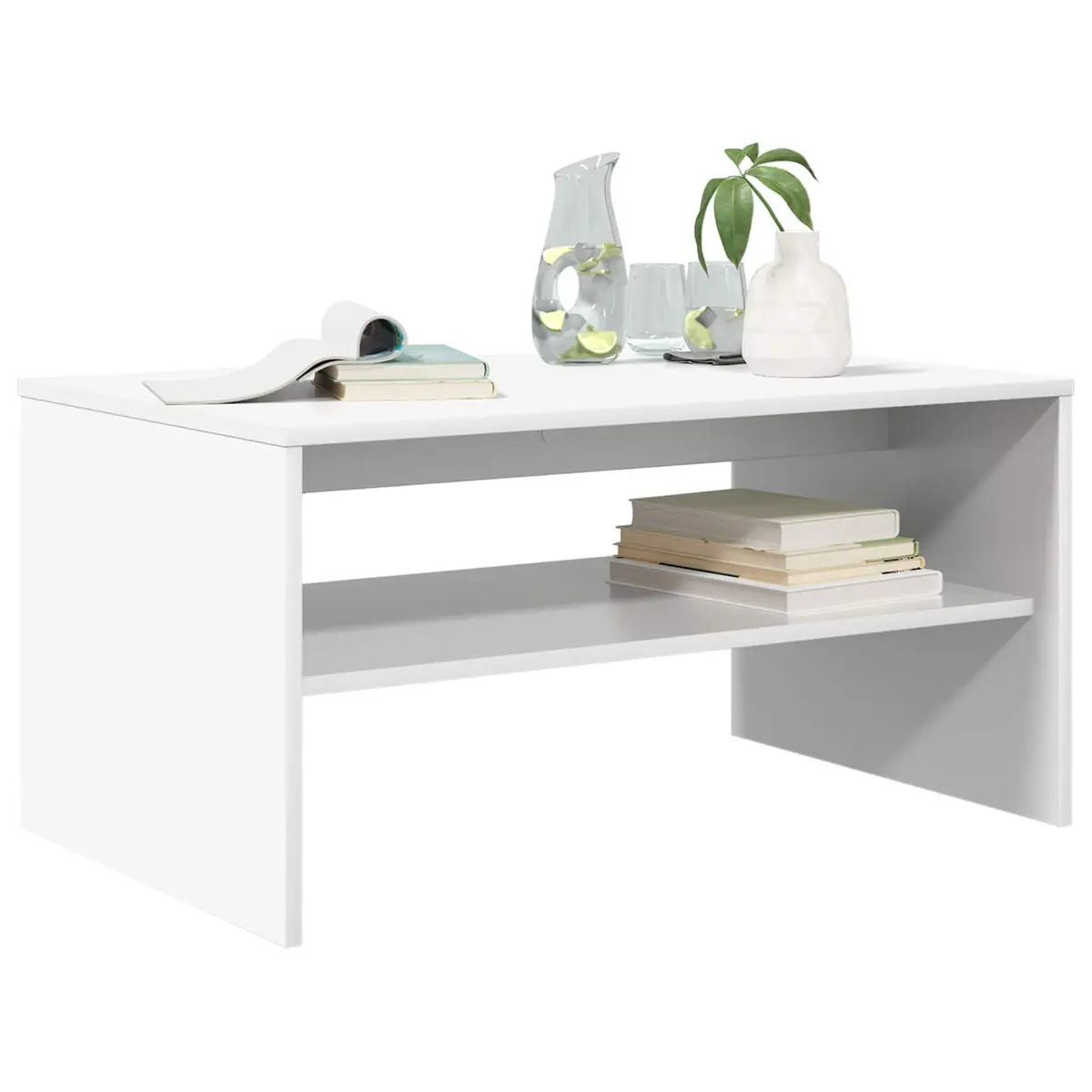 Rectangular Coffee Table White Engineered Wood with Integrated Shelf Storage for Living Room