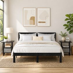 Black Bedside Table Set of 2 with Storage Features