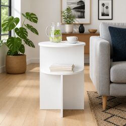 Engineered Wood Round End Table with Storage – White