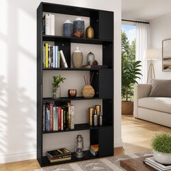 Black Engineered Wood Book Cabinet with 5 Compartments