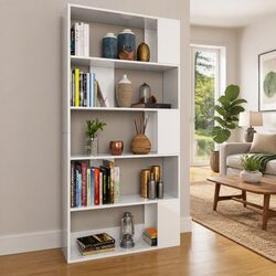 5-Shelf White Gloss Book Cabinet with Room Divider Functionality
