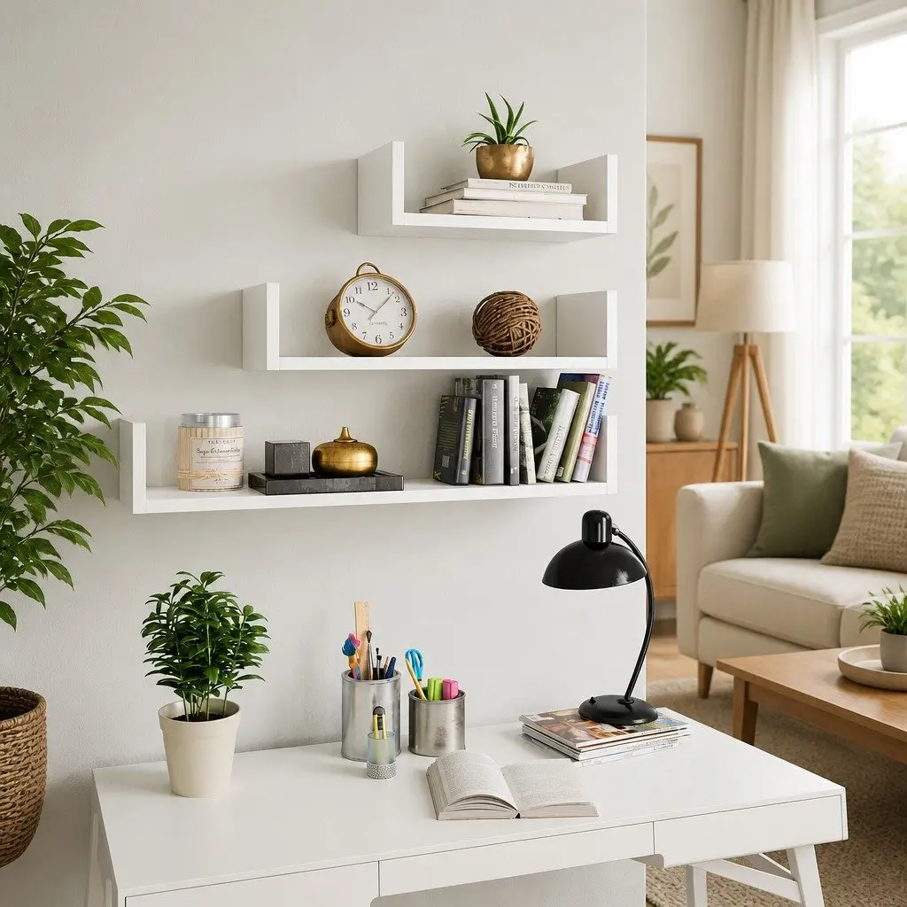 U Shaped Floating Wall Shelf Set White Engineered Wood 3 Piece Storage Display
