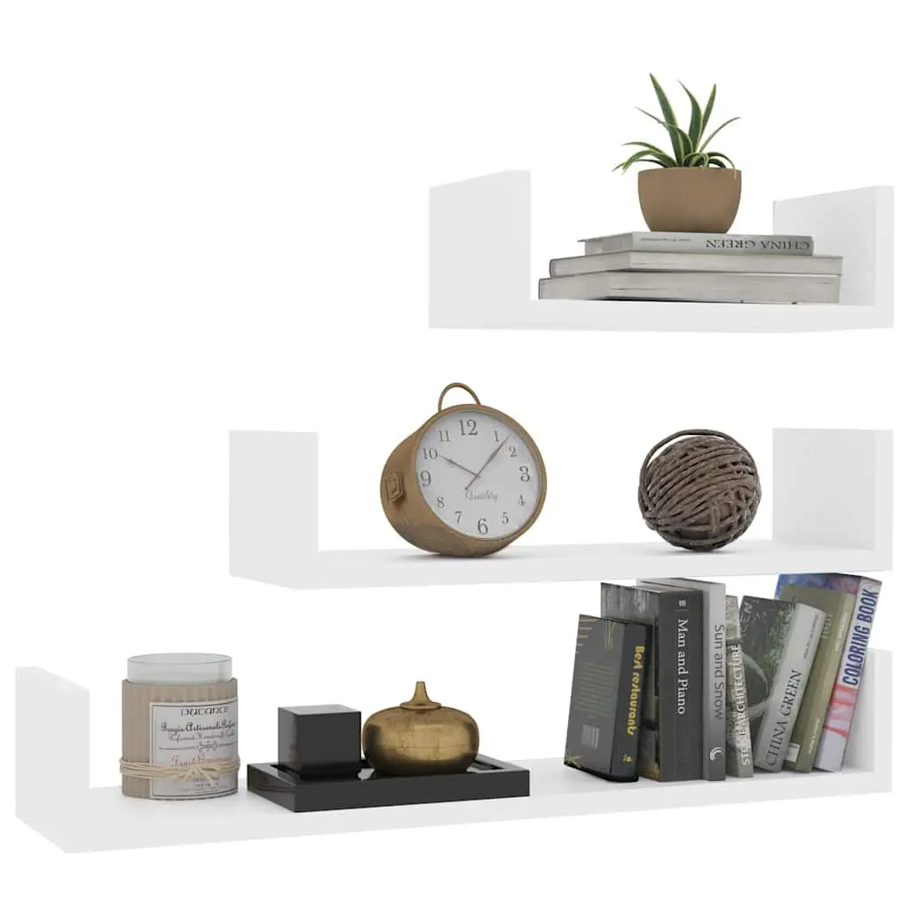U Shaped Floating Wall Shelf Set White Engineered Wood 3 Piece Storage Display