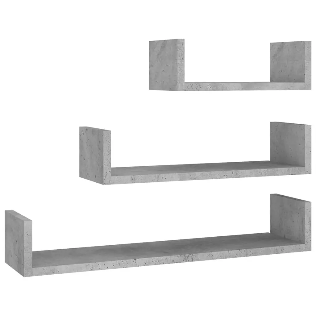 Wall Display Shelf Set 3 Pieces Grey Engineered Wood U-Shaped Storage Shelves
