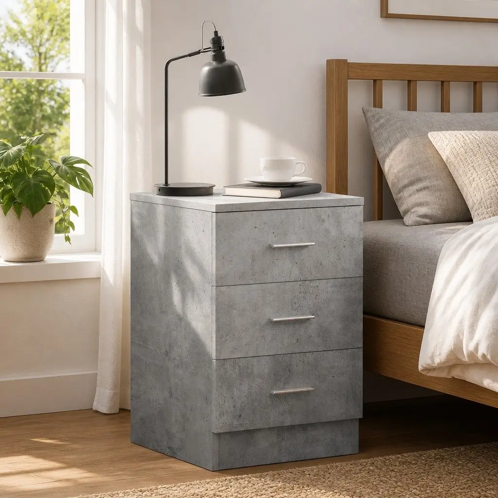 Bedside Table Sturdy Storage 3 Drawers Concrete Grey