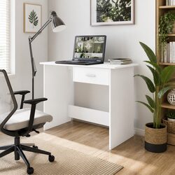 White Engineered Wood Office Desk with Drawer
