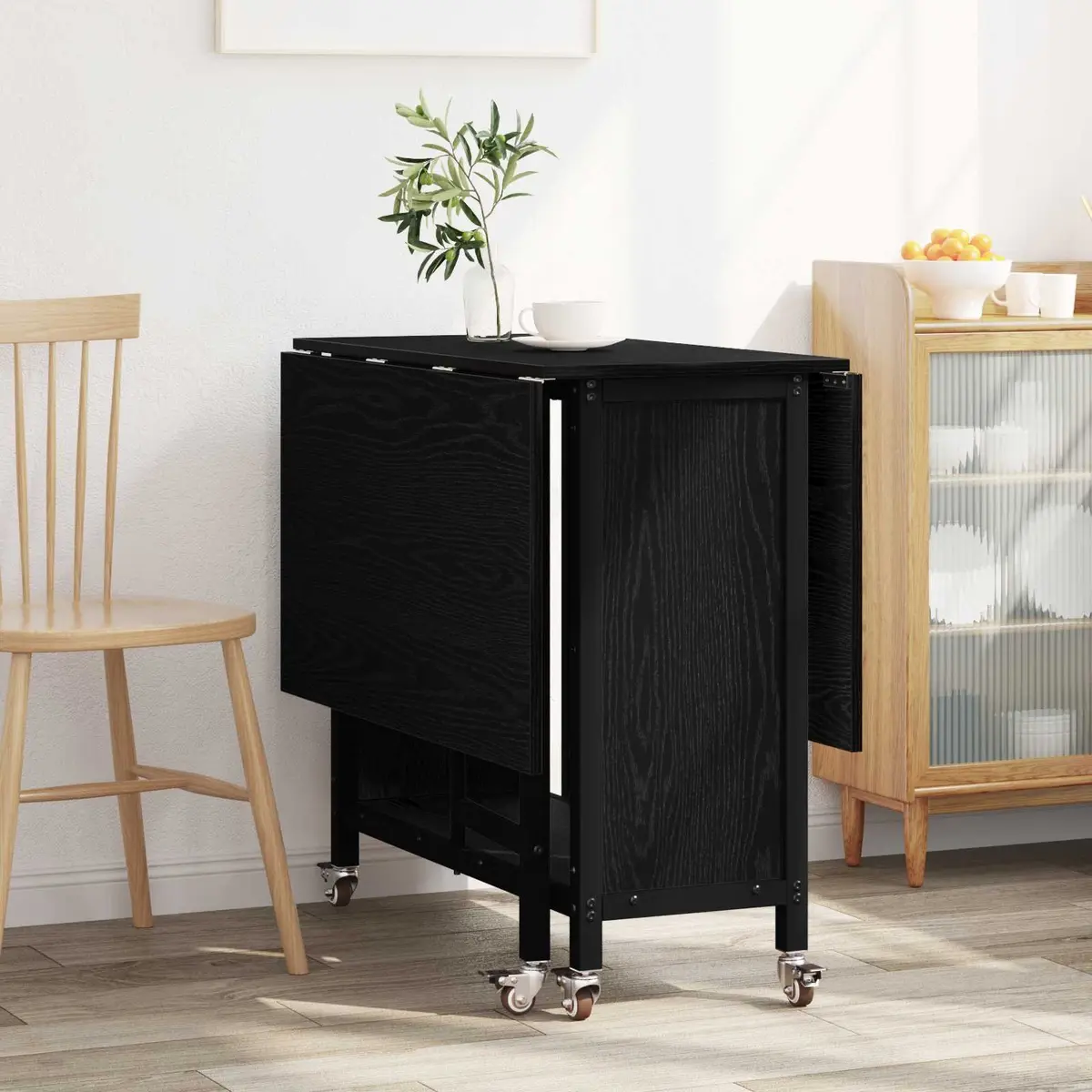Folding Dining Table with Storage Shelf Lockable Wheels 130cm x 80cm Black
