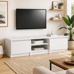 White TV Cabinet with Storage and Open Compartments 140x40x35.5 cm