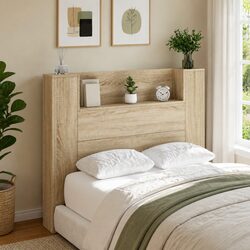 Tan Engineered Wood Headboard Cabinet with LED Lighting