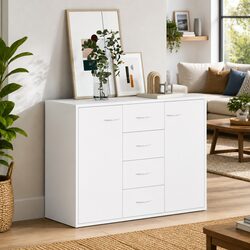 Engineered Wood White Sideboard with 4 Drawers and 2 Doors