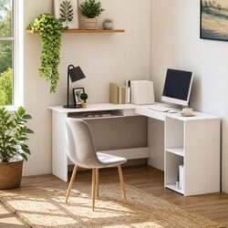 White L-Shaped Corner Desk with Ergonomic Keyboard Tray
