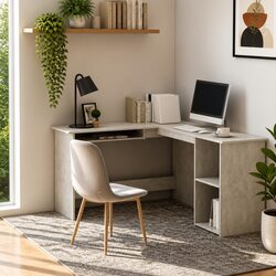 L-Shaped Corner Desk with Open Shelves and Keyboard Tray