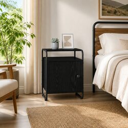 Black Engineered Wood Bedside Cabinet with Steel Frame