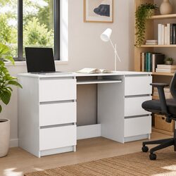 Compact White Computer Table with 6 Drawers 140cm