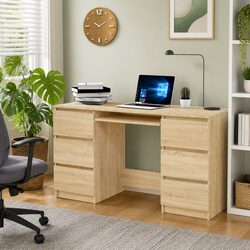 Engineered Wood Writing Desk with 6 Drawers in Brown