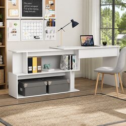 White Corner Desk with Rotatable Design and Storage