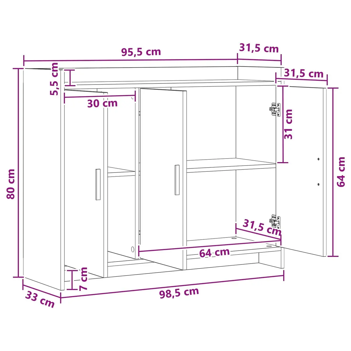 Sideboard Storage Cabinet White 98.5 x 33 x 80 cm Engineered Wood