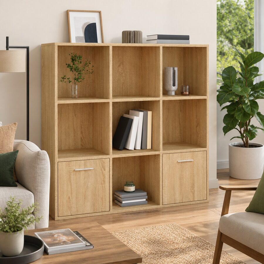 Engineered Wood Storage Shelving Unit with 7 Cubes and 2 Doors