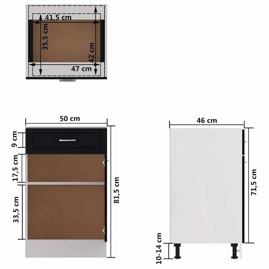 Kitchen Cabinet Storage Cupboard Drawer Bottom Black Engineered Wood 50 x 46 x 81.5 cm