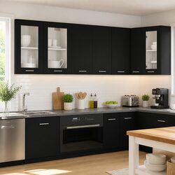 Wall-Mounted Black Engineered Wood Kitchen Cabinet