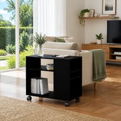 Black Accent Side Table with Wheels for Living Rooms