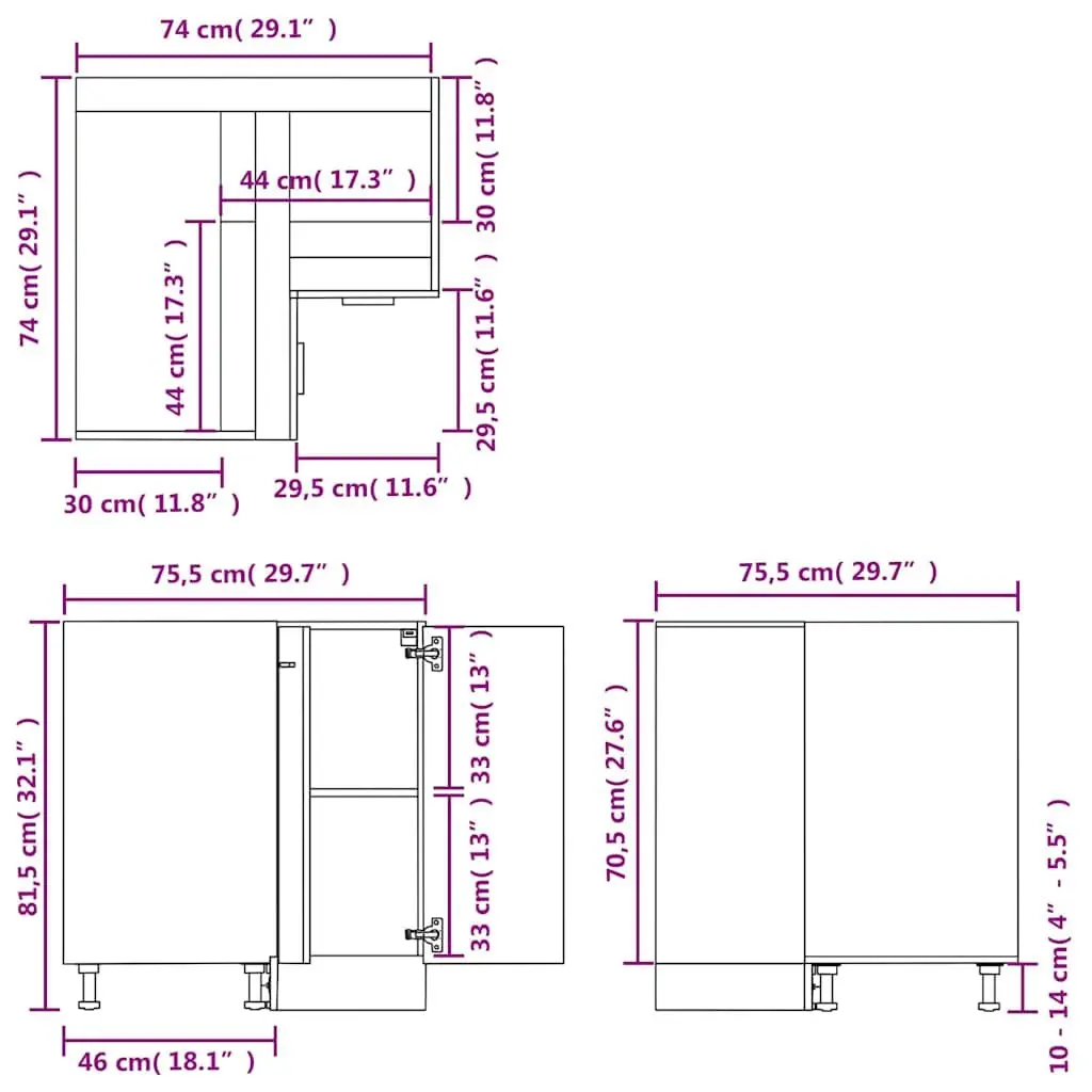 Corner Bottom Kitchen Cabinet Grey Storage Unit with Shelves and Doors