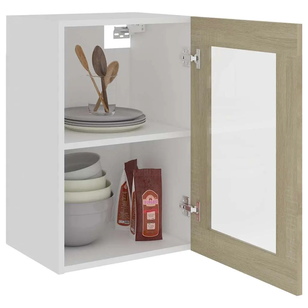 Hanging Glass Cabinet Engineered Wood Brown Space Saving Wall Mounted Kitchen Storage Organizer 40x31x60cm