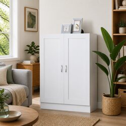 White Engineered Wood Book Cabinet with Storage Features