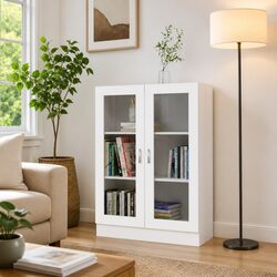 White Engineered Wood Vitrine Cabinet with 3 Compartments