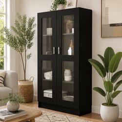 Black Vitrine Cabinet with 4 Compartments and 2 Doors