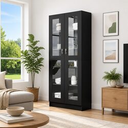 Black Vitrine Cabinet 82.5x30.5x185cm Engineered Wood
