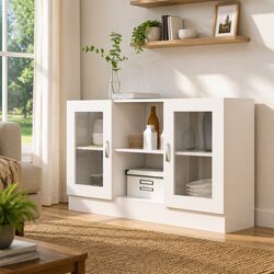 White Vitrine Cabinet with Doors and Compartment Storage