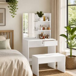 Dressing Table with Integrated Mirror in White