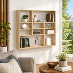 10-Compartment Wall Shelf Unit for Open Storage in Brown