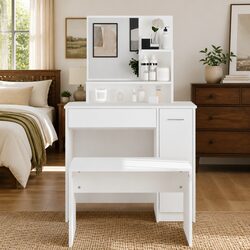 White Engineered Wood Dressing Table with Mirror