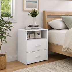 White Nightstand Cabinet with Two Drawers and Shelf