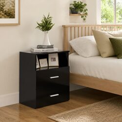 Functional Black Bedside Table with Drawers and Shelf