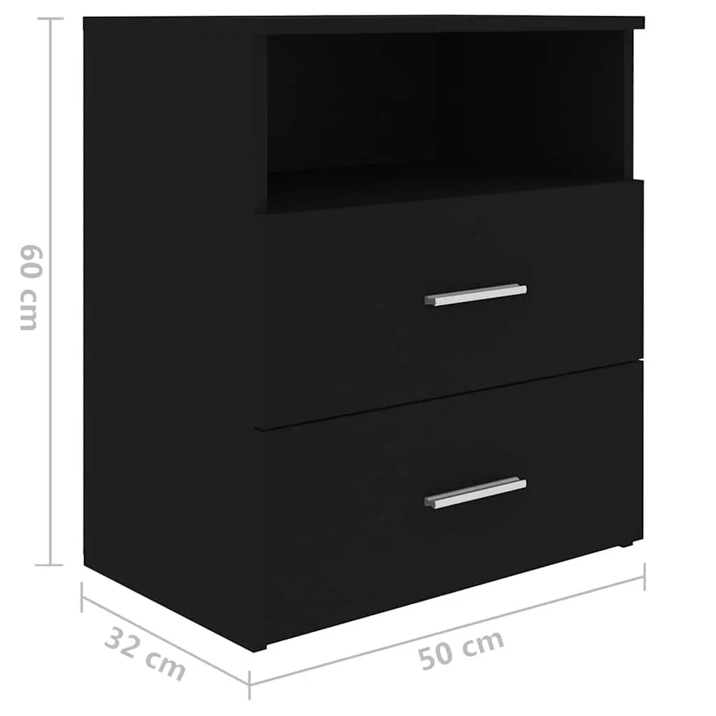 Bedside Table Storage Black Two Drawers One Shelf 50 x 32 x 60 cm