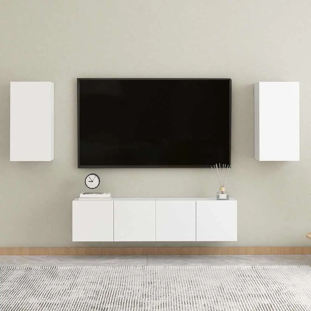 TV Cabinet Set 2 Piece Wall-Mounted White Storage Shelves Engineered Wood Living Room Furniture