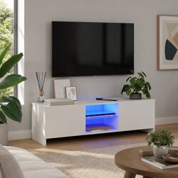 Modern White LED TV Cabinet with Dual Shelves