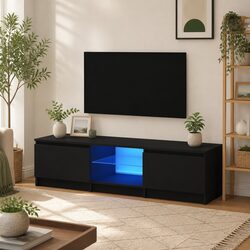 Functional Black TV Cabinet with RGB LED Lighting