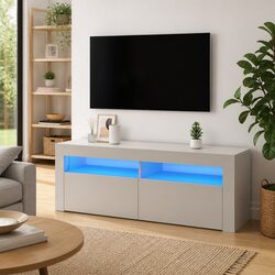 White TV Cabinet with RGB LED Lights and Storage Options