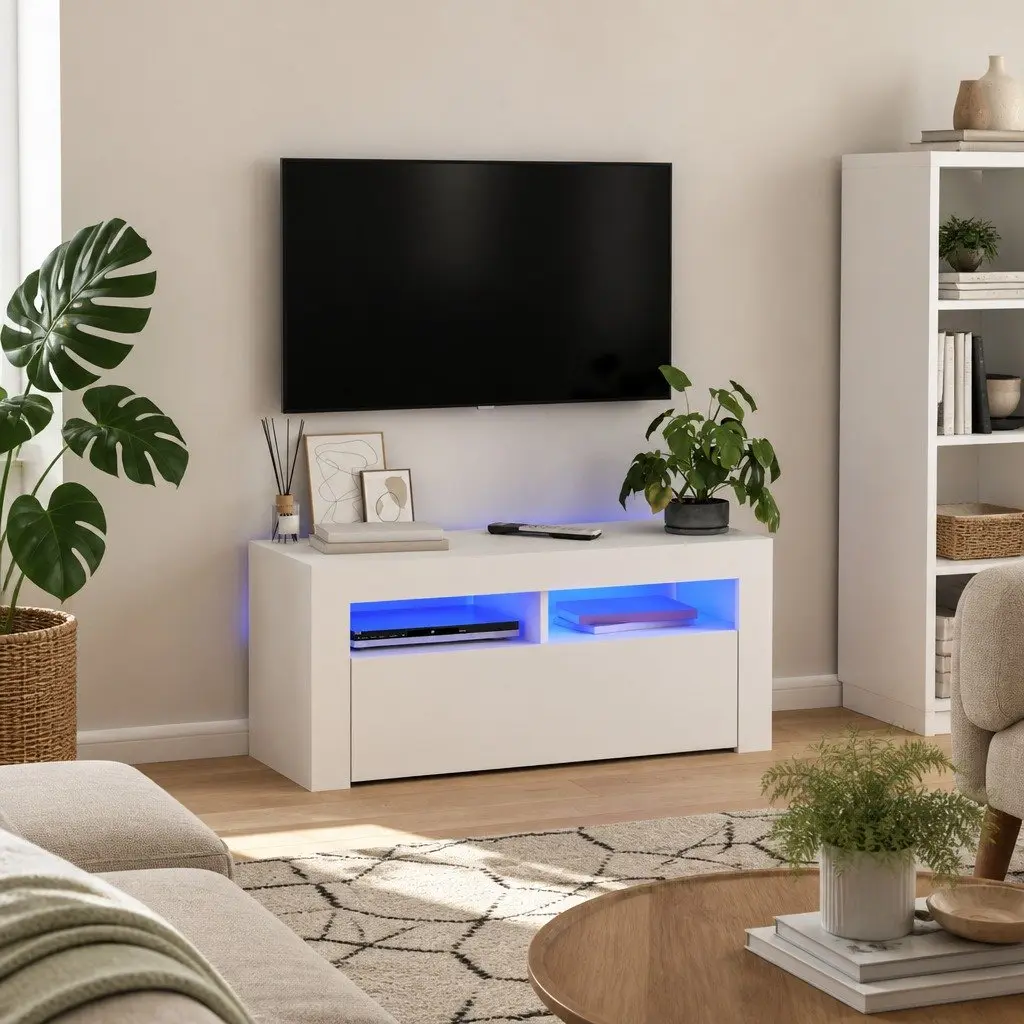 TV Cabinet Modern Adjustable Shelves White LED Lights 90 x 35 x 40 cm