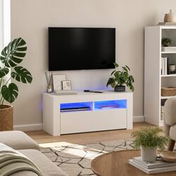 White LED TV Cabinet with Adjustable Shelves