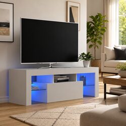 White RGB LED TV Cabinet with Ample Storage Space